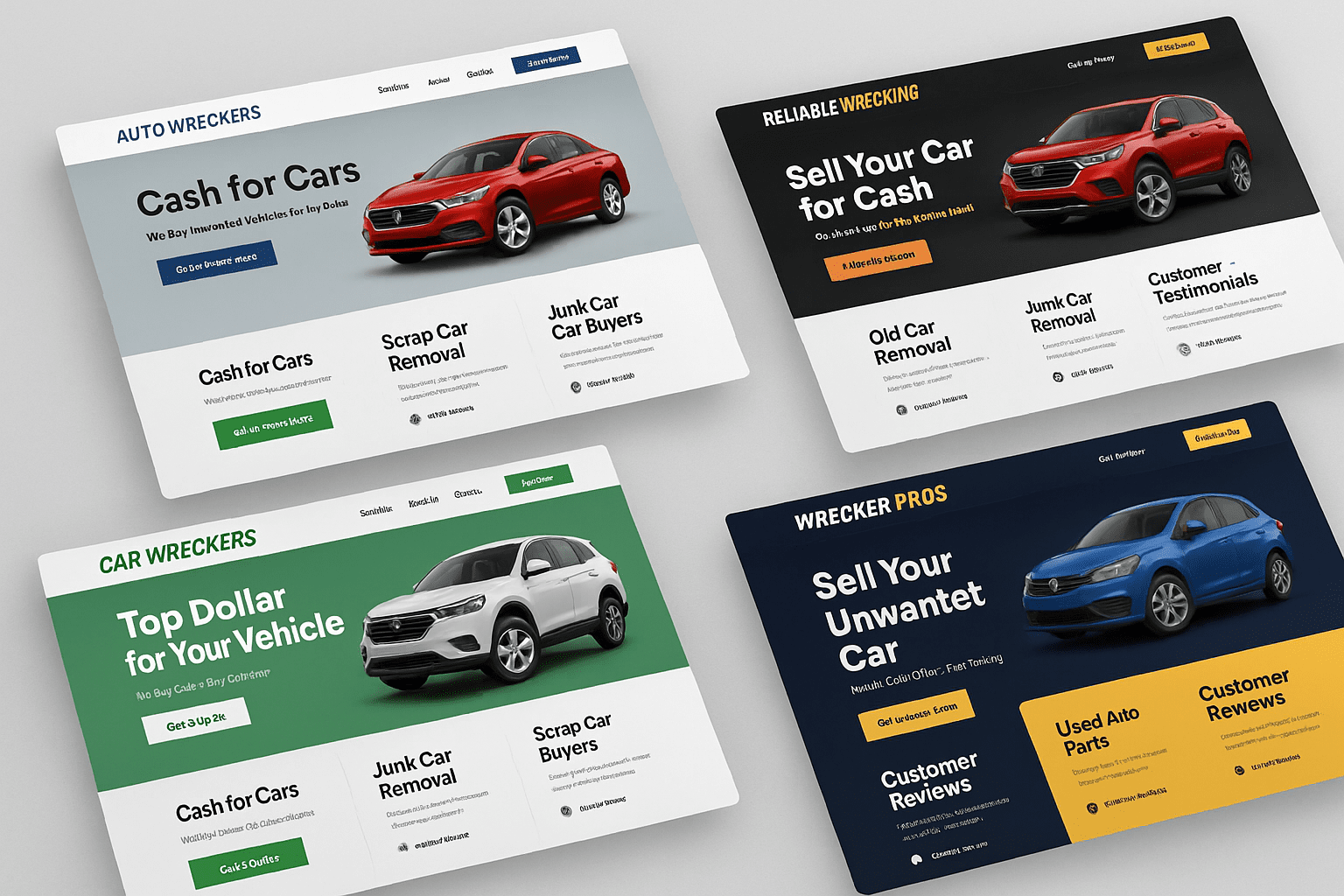 Car wrecker website mockups with instant quote tools and cash for cars design features