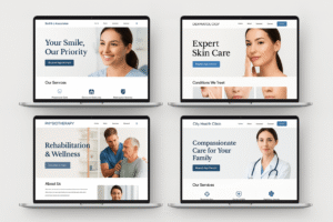 Modern clinic website design with online appointment booking system on desktop and mobile screens