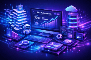 futuristic seo automation dashboard, glowing data streams, wordpress pages multiplying, ai digital marketing, neon blue purple, clean tech style, 3d isometric