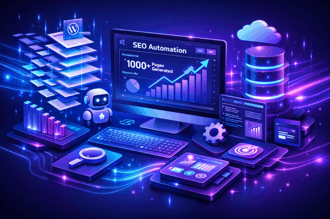 futuristic seo automation dashboard, glowing data streams, wordpress pages multiplying, ai digital marketing, neon blue purple, clean tech style, 3d isometric