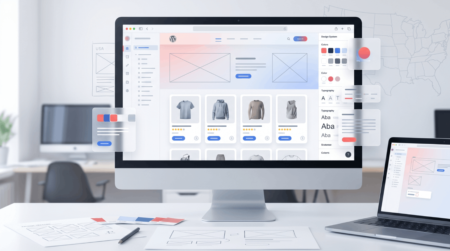 Modern agency workspace displaying custom WordPress theme wireframes and WooCommerce UI mockups for top US web design services