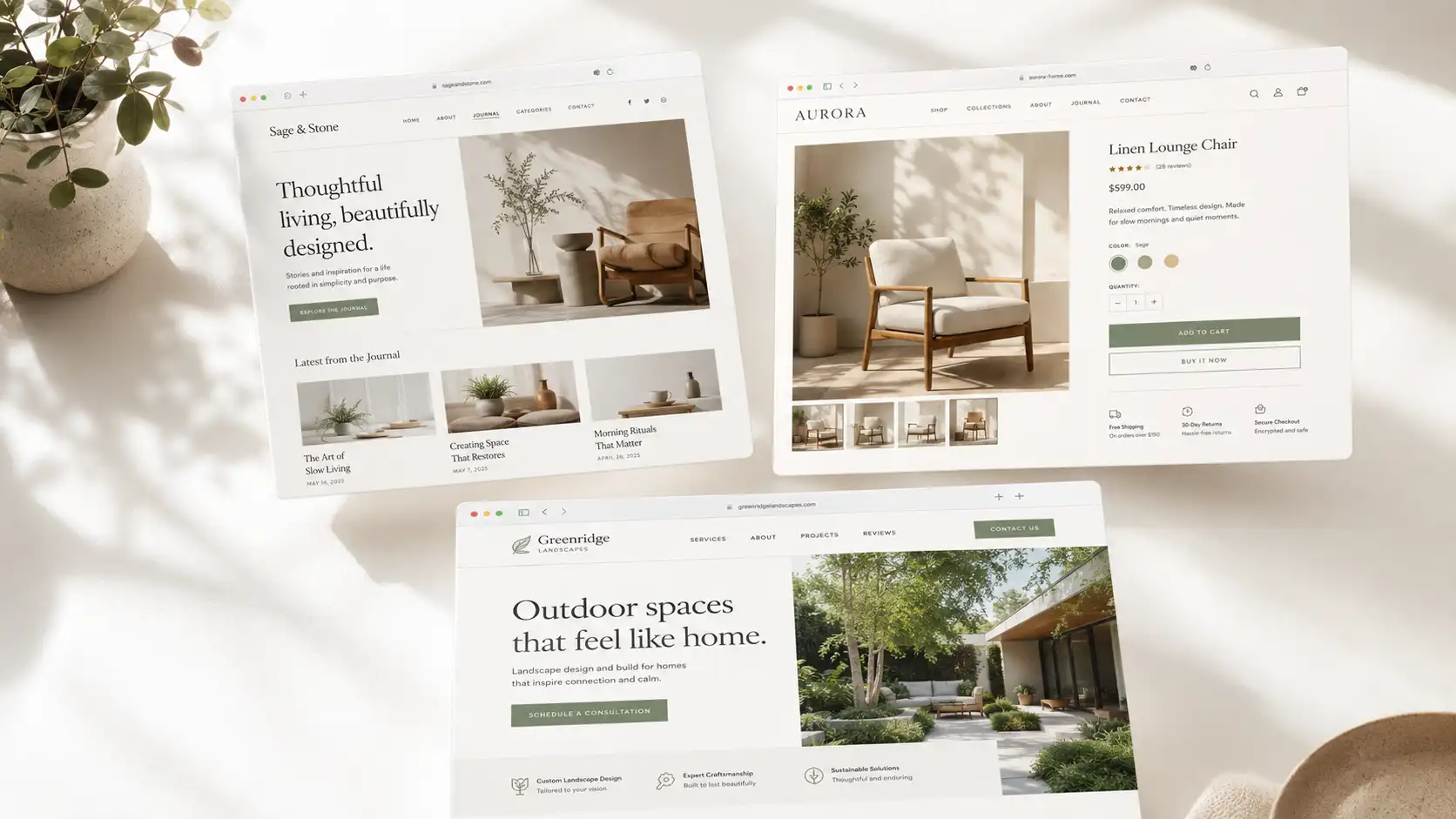 Three browser mockups showing custom WordPress website designs for a content blog, WooCommerce retail store, and service business homepage built by Codefreex