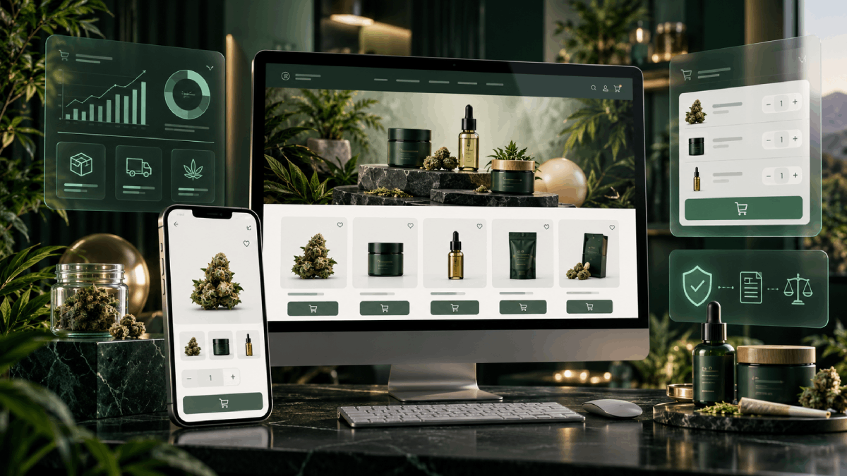 Cannabis ecommerce development storefront showing product catalog, checkout, inventory sync and analytics